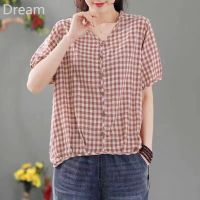 Cotton breathable short-sleeved T-shirt womens summer New loose large size artistic Plaid pullover top V729