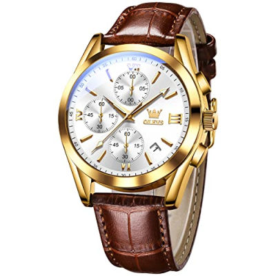 OLEVS Mens Chronograph Quartz Watches, Leather Strap Gold Case with Day Date, Waterproof Stainless Steel Wrist Watch, Luminous Hand Analog Watches for Men, Brown/Black/Blue/White Dial leather strap white dial
