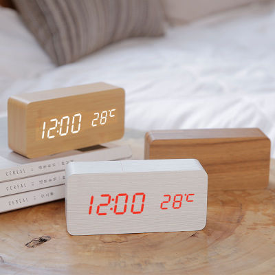 LED Wooden Alarm Clock Watch Table Voice Control Wake Up Light Digital Wood Clock Alarm USBAAA Powered Clocks Table Home Decor