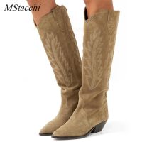 ✽▣ MStacchi Women 39;s High Boots Nude Black Suede Embroidered Knee High Boots Women Sexy Pointed Toe Spike Kitten Heels Knight Boots