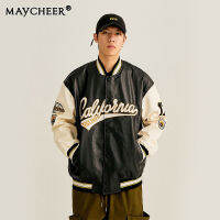 MAYCHEER   เสื้อแจ็คเก็ตแจ็กเก็ตหนังเครื่องแบบเบสบอลคู่ชายเสื้อโค้ทลำลองปัก