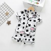 COD SDFGERGERTER Boys Girls Ice Silk Cartoon Cow Print Pajamas Set Shirt short Set Baby Casual Sleepwear Loose Homewear