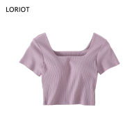 LORIOT Bra เสื้อยืดสำหรับผู้หญิง Ribbed Stretchable Tops Tee คอเหลี่ยมแขนสั้นเซ็กซี่สบายๆเกาหลี SA1357