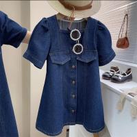 2023 Jeans Dress Sqaure Collar Short Sleeve A-line Above Knee Length Pullover Solid Cotton Soft Comfortable Summer Girls Kids  by Hs2023