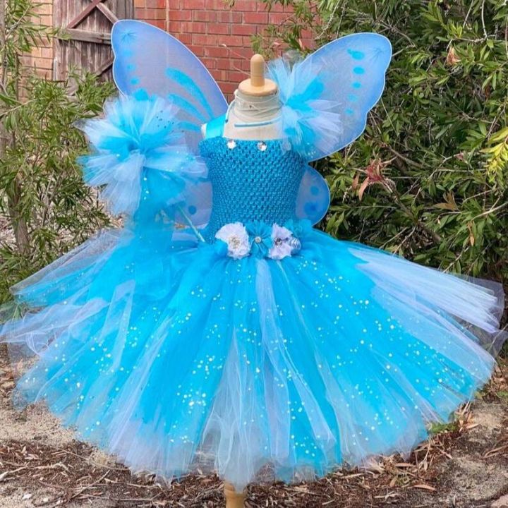 Girls Blue White Glitter Fairy Tutu Dress Kids Flower Dress With Wing ...