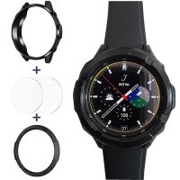 3 In 1อุปกรณ์เสริมสำหรับ Galaxy Watch 4 Classic 42มม. 46มม. เคสครอบคลุมกันกระแทกเกราะ TPU + 2กระจกเทมเปอร์ + 1 Bezel