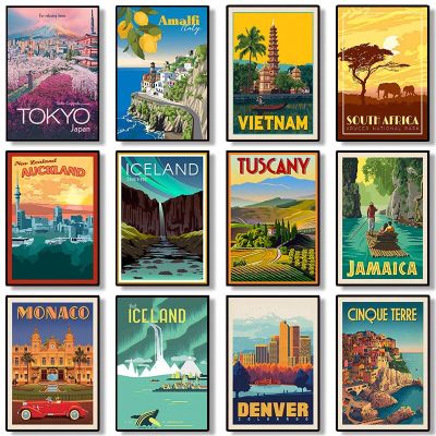 Vintage Travel Cities ภูมิทัศน์ภาพวาดผ้าใบโปสเตอร์และพิมพ์ Wall Art ภาพตกแต่งบ้าน-โตเกียว,โมนาโก,แอฟริกาใต้,ไอซ์แลนด์