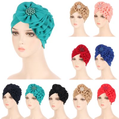 【YF】 2022 Big Flowers Turbans for Women Pearls Hijab Bonnet Muslim Hat Fashion Chemo Cap Lady Girl Wrap Head Indian Inner