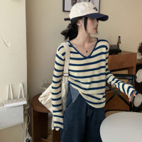 Womens V-Neck Striped Sweater Western Style Inner Wear Autumn 2023 New Korean Style Base Shirt Design Long Sleeve Top