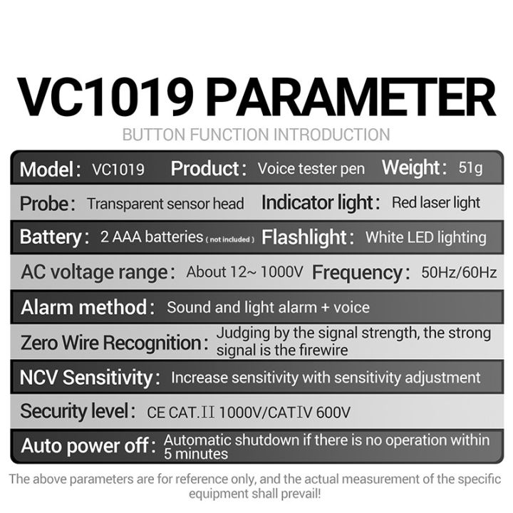 aneng-เครื่องวัดโวลต์กระจายเสียงด้วยเสียง-vc1019-dc-ac-ปากกาทดสอบเครื่องมือเครื่องทดสอบไฟฟ้าที่ไม่ใช่ปากกาใช้ติดต่อ12-1000v-กระแสโวลต์