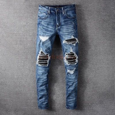 CODff51906at Amiri Jeans Hip Hop Wrinkled Holes Blue Jeans Men Trendy Leather Patchwork Slim Fit Jeans Trousers Stretch Big Size Four Seasons Denim Pants