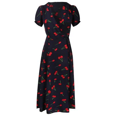 ‘；’ MEXZT Vintage Dress Women Cherry Print Short Sleeve A Line Midi Dress Vacation Beach Female Elegant V Neck Slim Chiffon Vestidos