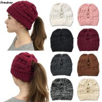 【YD】 Wool Knitted Hat Warm Caps Knitting Skullcap Female Soft Ponytail Cap Fashion Skullies Hats