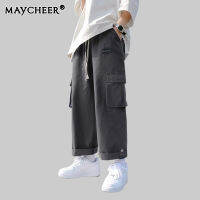 D&amp;BE    MAYCHEER กางเกงคาร์โก้ทรงตรงมีกระเป๋าใหญ่สำหรับผู้ชายกางเกงเก้าส่วนทรงหลวมสไตล์เกาหลีนักเรียนสวมใส่สบายระบายอากาศได้ดีทันสมัย