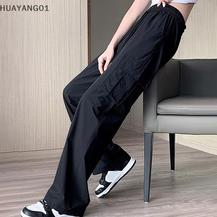 huayang01กางเกงขากว้างลำลองทรงไฮสตรีท-กางเกงคาร์โก้แห้งเร็วมีกระเป๋าขนาดใหญ่มีเชือกรูดสำหรับผู้หญิง2023