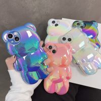 Glitter Laser 3D Bear Phone Case For iPhone 14 13 12 11 Pro Max 14Pro Max 14 Plus Camera Lens Protection Shockproof Back Cover Smartphone Lenses