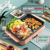 Nồi lẩu nướng đa năng 2 in 1 BEAR - Bếp lấu nướng 2 trong 1 - Chống dính siêu tiện lợi - Chảo điện nướng và lẩu mini- Công suất 1200W - Bếp chiên, nướng, xào....