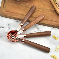Measuring Cups and Spoons,Walnut Wood Handle,with Metric and US Measurements, Premium Stainless Steel, Rose Gold Polished Finish
