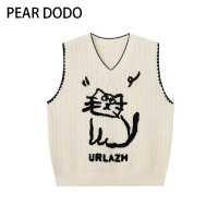 PEAR DODO Korean Cat พิมพ์ V คอแขนกุดถักเสื้อกั๊กสำหรับผู้หญิง