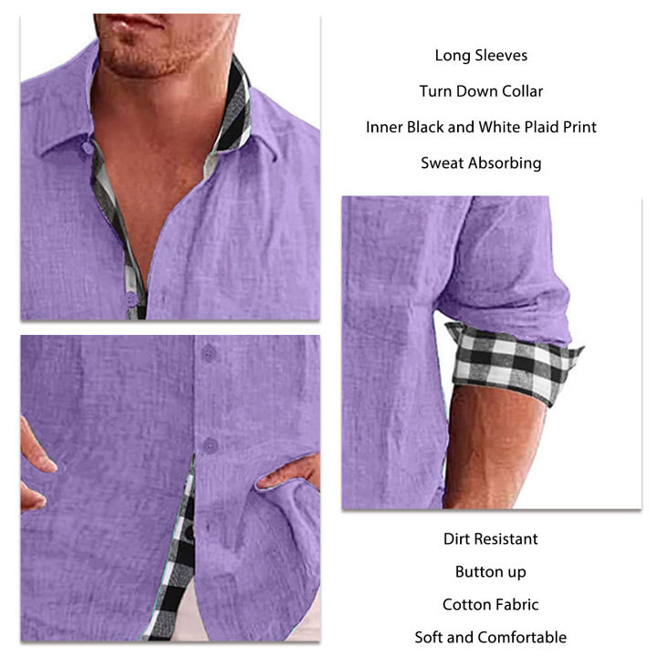 เสื้อเชิ้ตสำหรับใส่ทำงานเสื้อแขนยาวเสื้อเชิ้ตลำลองพิมพ์ลายสก๊อตด้านในสีบริสุทธิ์สำหรับผู้ชายมีกระดุม