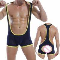 Mens Undershirts ตาข่าย Backless บอดี้สูทมวยปล้ำ Singlet Leotard ชายดูผ่าน One-Piece Jumpsuit Jockstrap Underwear