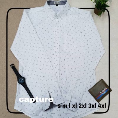 Capture Shirt เสื้อเชิ้ตผู้ชาย แขนยาว คอปก ลายปลาไขว้ สีขาว มีถึงอก 48 นิ้ว