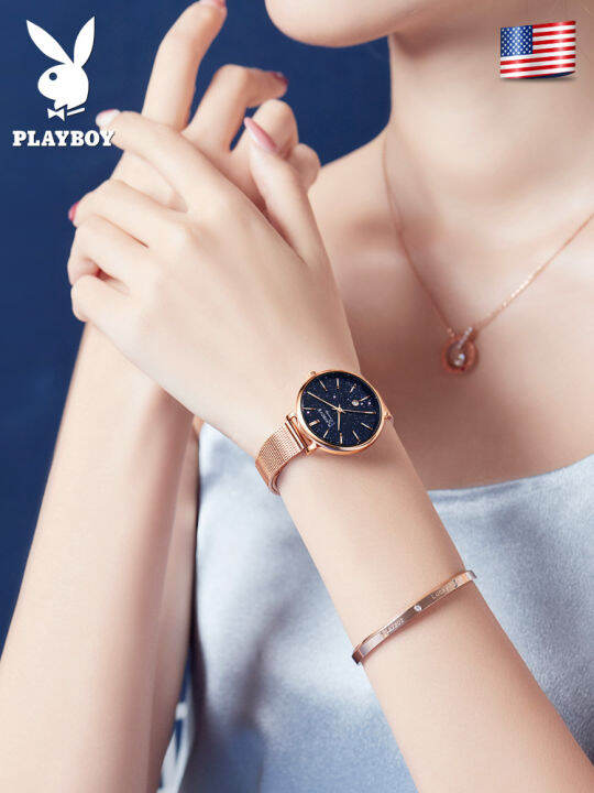 playboy-เซ็ตนาฬิกาสำหรับผู้หญิงซื้อ1แถม2ฟรีสร้อยคอกำไล2023ขายร้อน-classic-star-กันน้ำวันที่แสดง-milanese-สายรัดเหล็ก-หนัง