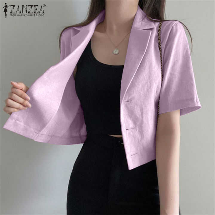 จัดส่งฟรี-zanzea-เสื้อสูทผ้าฝ้ายแขนสั้นสตรี-เสื้อทำงานเสื้อโค้ททรงหลวมลำลองสไตล์เกาหลีจำหน่ายโดย-fancystyle