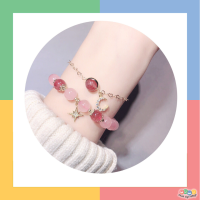 สร้อยข้อมือแฟชั่น หินนำโชค จี้เสี้ยวพระจันทร์เพชร Strawberry Quartz &amp; Rose Quartz