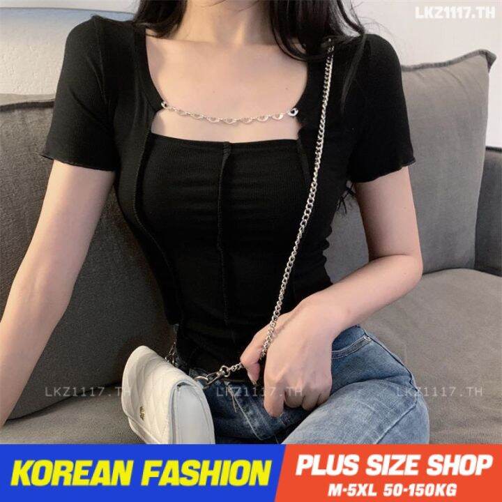 plus-size-เสื้อผ้าสาวอวบ-เสื้อยืดสาวอวบอ้วน-ไซส์ใหญ่-ผู้หญิง-เสื้อยืดรัดรูป-แขนสั้น-คอเหลี่ยม-สีขาว-ฤดูร้อน-สไตล์เกาหลีแฟชั่น