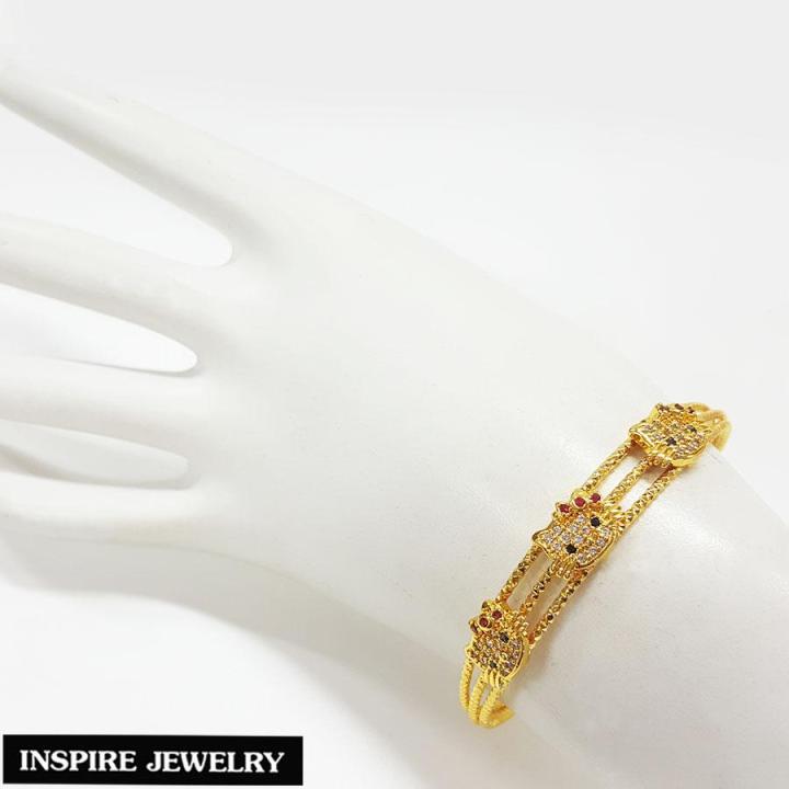inspire-jewelry-กำไลแมว-ประดับเพชรcz-และพลอยชาตั้ม-ตัวเรือนหุ้มทองแท้-24k-ขนาด-56-mm-และสามารถปรับขนาดได้-พร้อมกล่องกำไลหรู