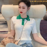 Knitted Shirt Women Short Sleeve Slim Polo Blouse Korean Style Summer Fashion Hollow White Top