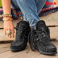 Women Ankle Boots Suede Shoes Tassel Boots Casual Ladies Pop Tide Lace-Up Boho Boots Women Flat Cowboy Shoes Short Boots