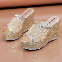 Bling Golden Women Slippers Summer Shoes Platform(4cm) Outside Fitting-room 11cm High Heels Wedges Solid Mesh Female Slides