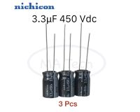 คาปาซิเตอร์ 3.3uf 450v Capacitor 450V3.3uF 1 ชุด มีจำนวน 3 ชิ้น (3 Pcs) ระยะขาห่าง 0.5 cm ยี่ห้อ Nichicon ของแท้