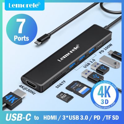 Lemorele อะแดปเตอร์ USB 7 In 1 Type C,HDMI HD 4K 30Hz PD 100W ที่อ่านทีเอฟหน้าต่างช่องใส่การ์ดสำหรับ SD/Android Feona