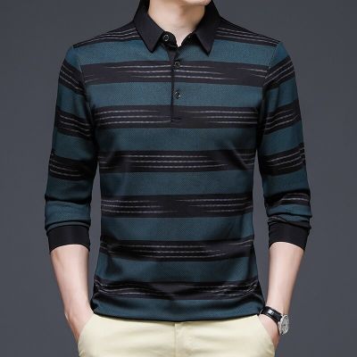HOT11★BROWON Autumn Men T-shirt Cal Long Sleeve Tshirt Business Slim Fit Striped Design TShirt Mens Tops Tees Plus Size 3XL
