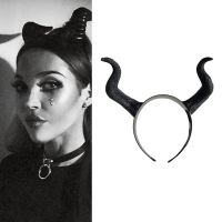 10MK Halloween Witch Black Long Ox Horn Headband Movie Demon Evil Queen Glitter Hair Hoop Gothic Cosplay Costume Accessory Headpiece Masquerade Props