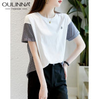 OULINNA เสื้อยืดผู้หญิงปักลายตัวอักษรผ้าฝ้าย100% 2023ฤดูร้อนเสื้อยืดแขนสั้นลายทางคอกลมสีตัดกัน