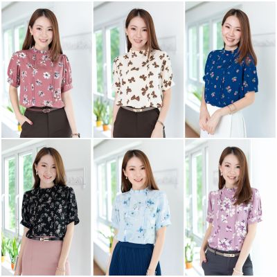 Narinari : MT0404 Ruff Collar Balloon Sleeve Blouse เสื้อทำงานคอจีบแต่งเกล็ดหน้า