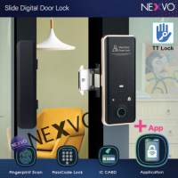 [Digital door lock] - กลอนประตูดิจิตอล ใช้กับ ประตู บานเลื่อน คู่ หรือ เดี่ยว สีดำ เปิดได้ด้วย TTLock Application สแกนลายนิ้วมือ รหัสผ่าน คีย์การ์ด