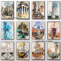 สีน้ำ World Building Tokyo Venice Bracesate ไคโร Bilbao สเปนโรมโปสเตอร์ Wall Art Picture - Modern City ภาพวาดผ้าใบ-เหมาะสำหรับตกแต่งบ้าน-พิมพ์คุณภาพสูง