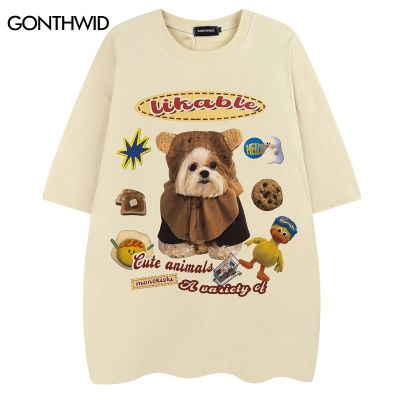 Harajuku Tshirt ชายตลกสัตว์สุนัขน่ารักพิมพ์หลวมเสื้อ T Streetwear 2023 Hip Hop แฟชั่นผ้าฝ้ายแขนสั้นเสื้อ