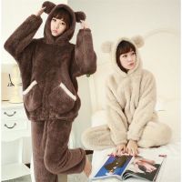 Two Piece Winter Women Pyjamas Thicken Flannel Pajama Sets Lovely Bear Hoodie Cute Pijama Long Nightgown Sleepwear