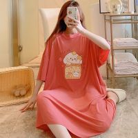 --SY23726☽ silk ribbed jamas womens summer cartoon short-sed m-length ghtdress pl ob m3 catties pregn women home clot whole