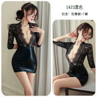 2023 Hot Long Night Sexy Lingerie Lace Secretary Nightclub Leather Skirt Mood Pajamas Womens Temptation Pure Desire 1423