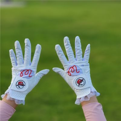 ↂ☜ Korea golf gloves ladies breathable wear resistant white pink left and right hands dew finger