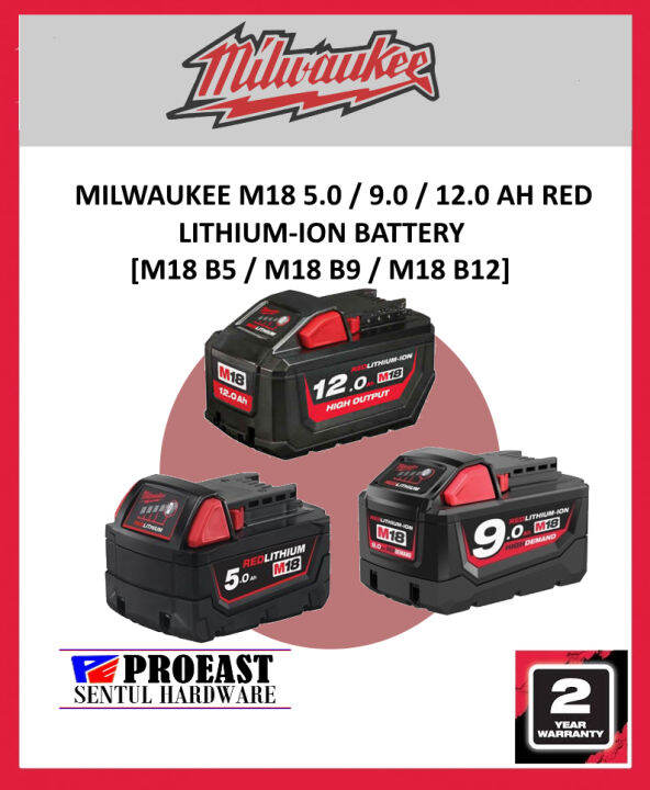 Milwaukee M18 B5b9b12 50ah90ah 120ah Red Lithium Ion Battery M18 Rechargeable Battery 1937