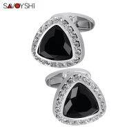 SAVOYSHI Black Zircon Cufflink เสื้อเชิ้ตผู้ชาย กระดุมข้อมือ Rhinestone คุณภาพสูงสำหรับของขวัญแต่งงานชื่อแกะสลักฟรี