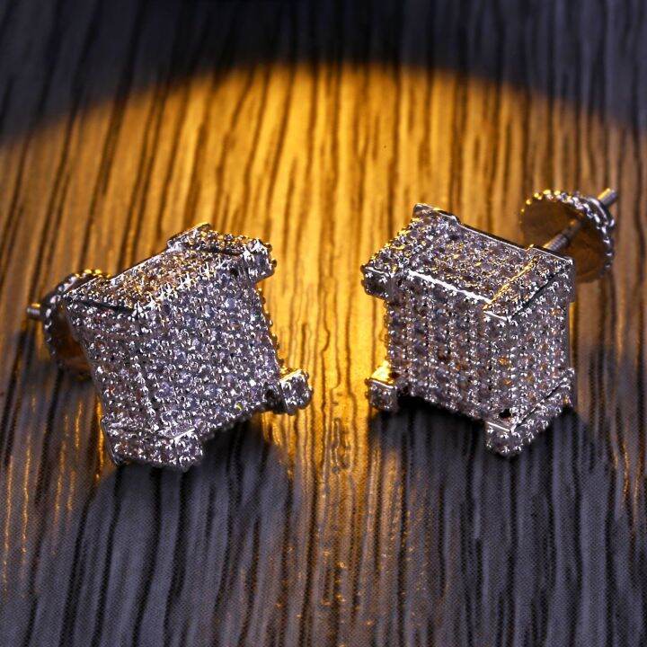 ต่างหูทอง18k-micropave-เพชรหมุดสี่เหลี่ยมจัตุรัสฮิปฮอป